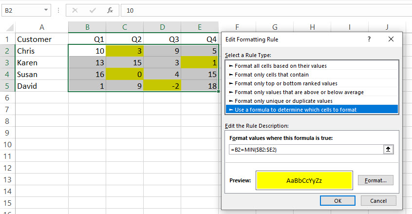 Excel Conditional Formatting Lowest Value Not Zero