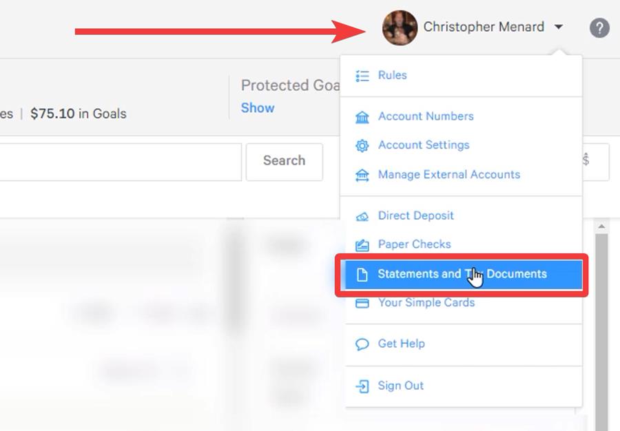 Access Statements and Tax Documents menu in Simple Bank account