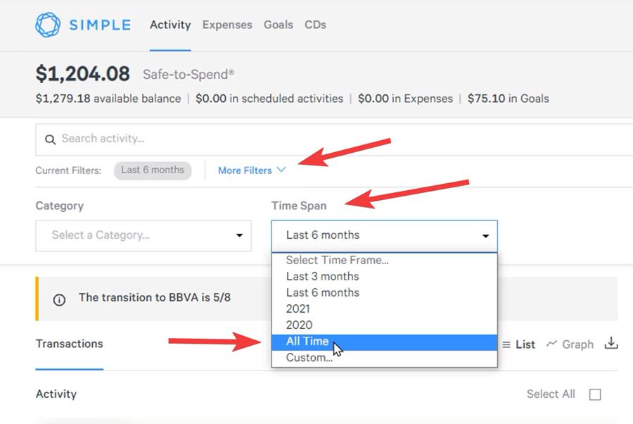 Change Simple Bank transactions filter to view all transactions