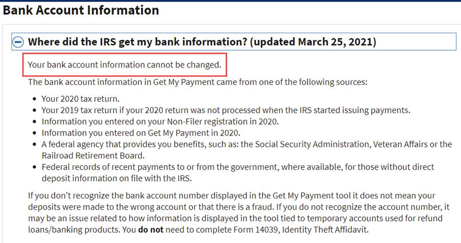 IRS website info about bank account information