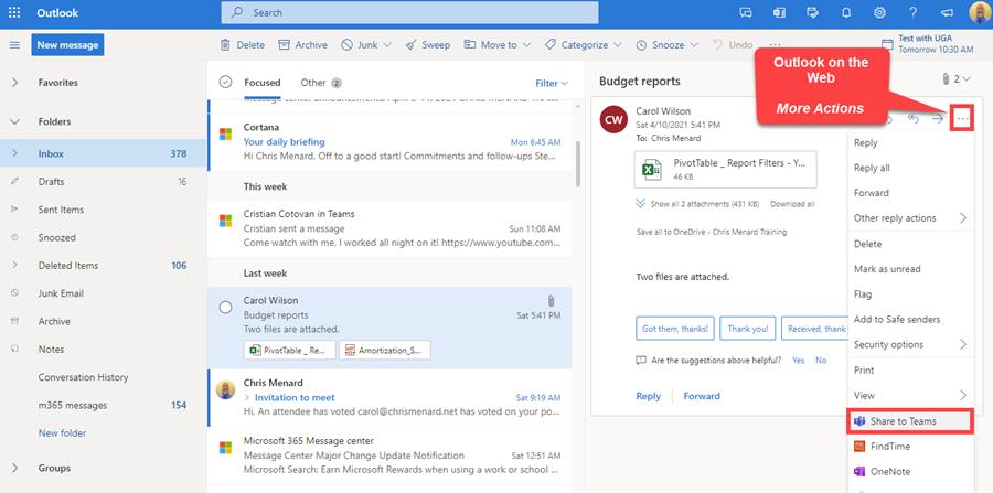 Share to Teams - Outlook on the web