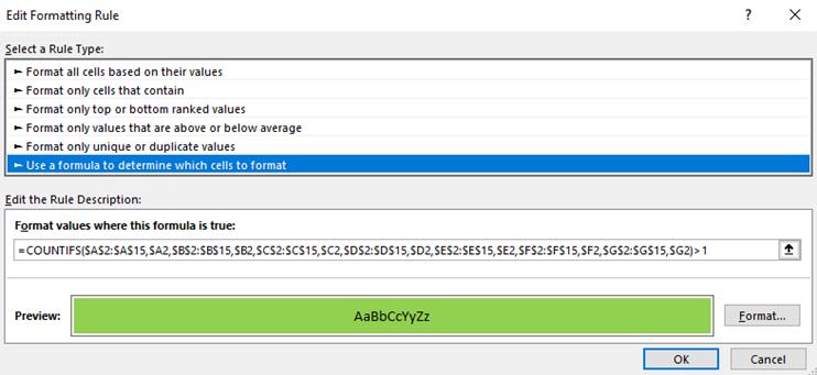 Conditional Formatting with COUNTIFS for Duplicate Rows