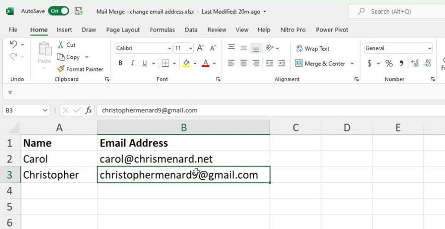 Create a test Excel file with a couple of personal emails in it