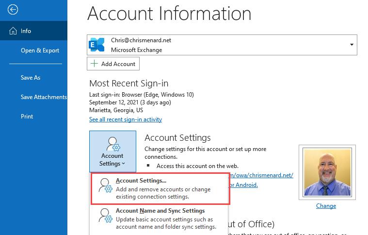 change default outlook email account