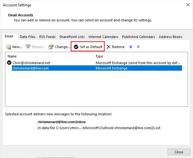 Set the desired sending account as default in the Outlook options