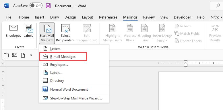 Start a new E-mail Messages Mail Merge in Microsoft Word