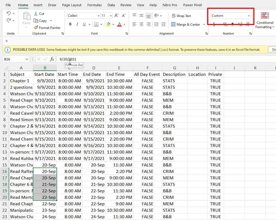 Dates must be correctly formatted as Short Date (M/D/Y)