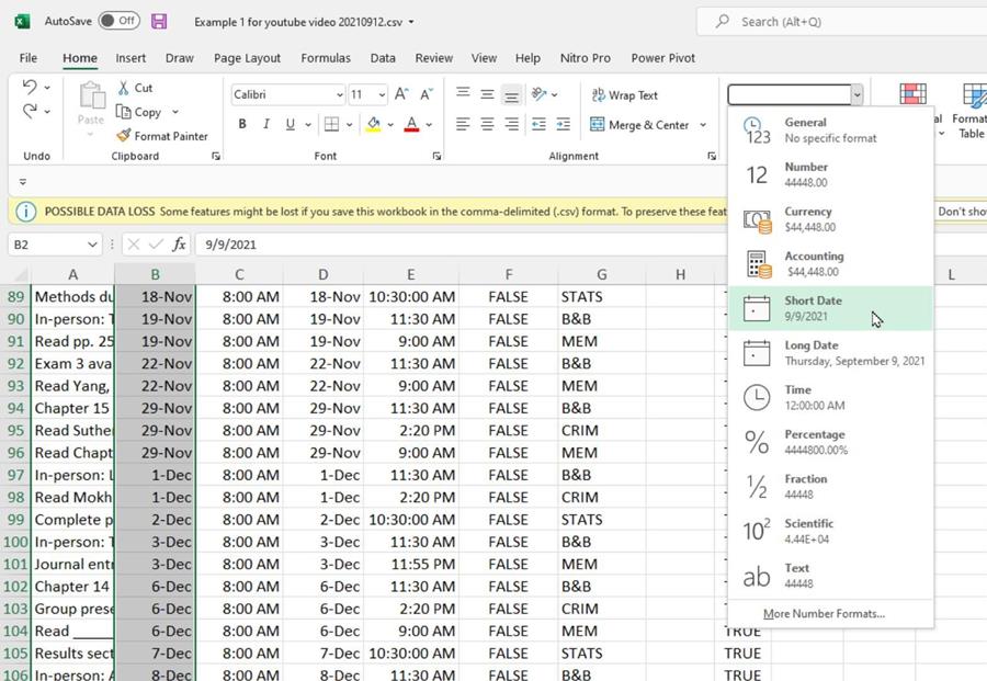 Format dates as Short Date in the CSV file