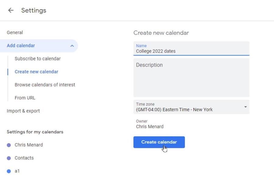Creating a new calendar in Google Calendar