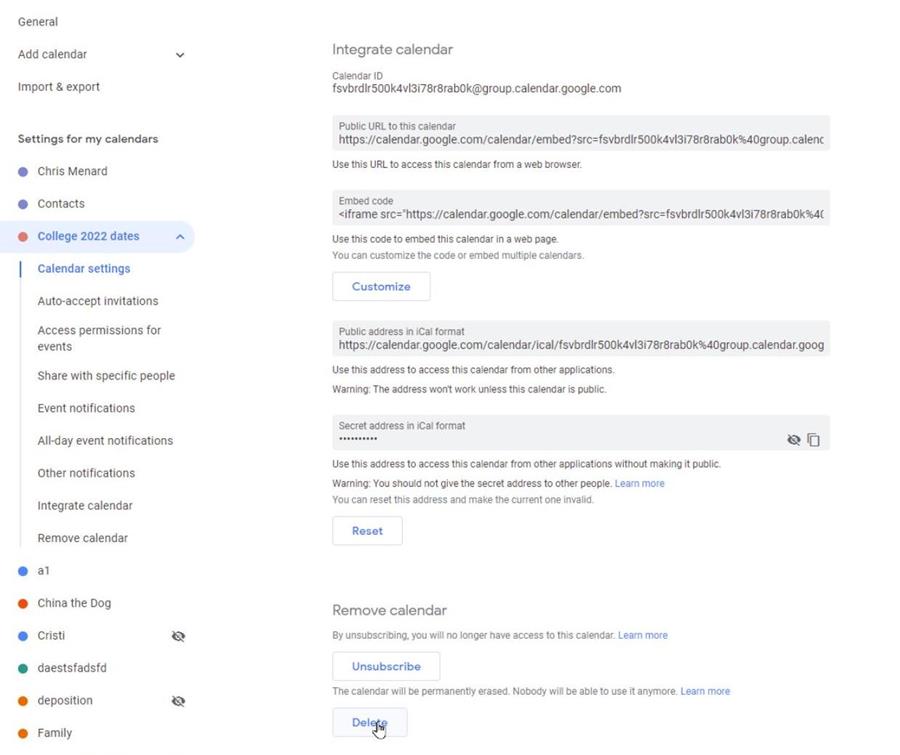 Deleting a calendar in Google Calendar
