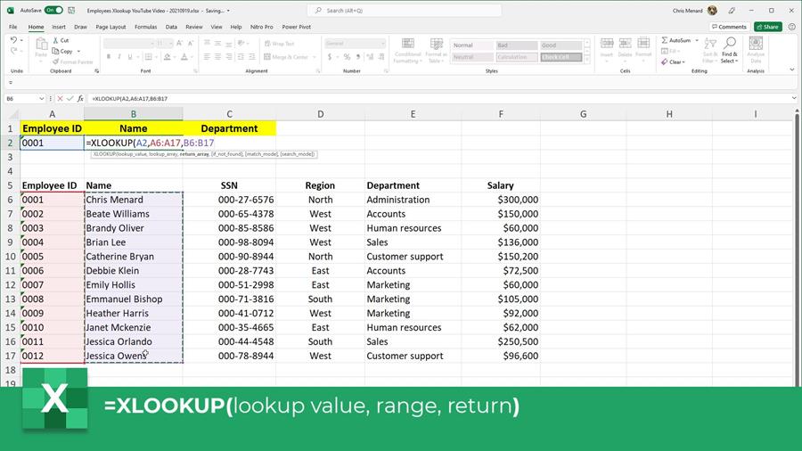 Example selecting the values for the XLOOKUP function in Excel