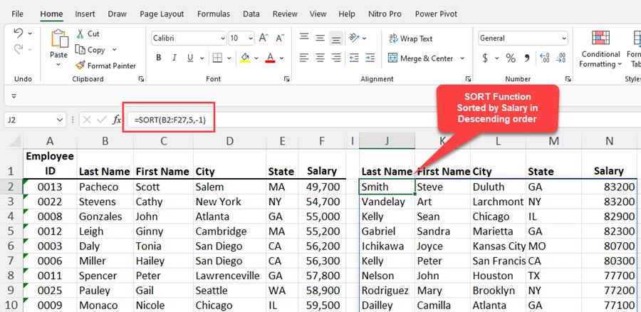 SORT function in Excel