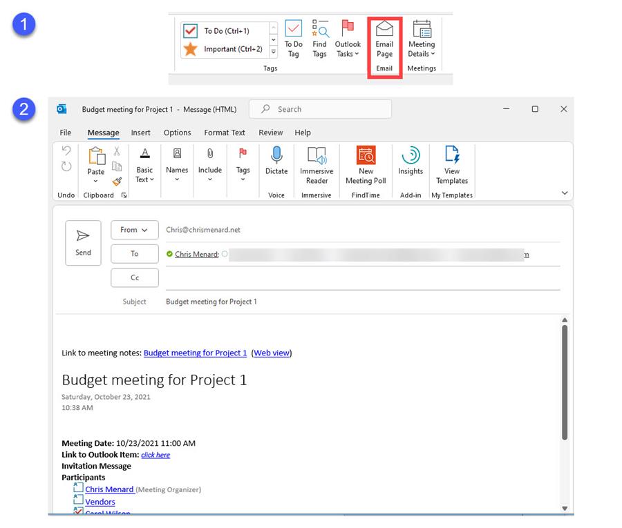 Email page from OneNote to Outlook