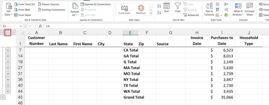 Outline 2 in Excel Subtotals