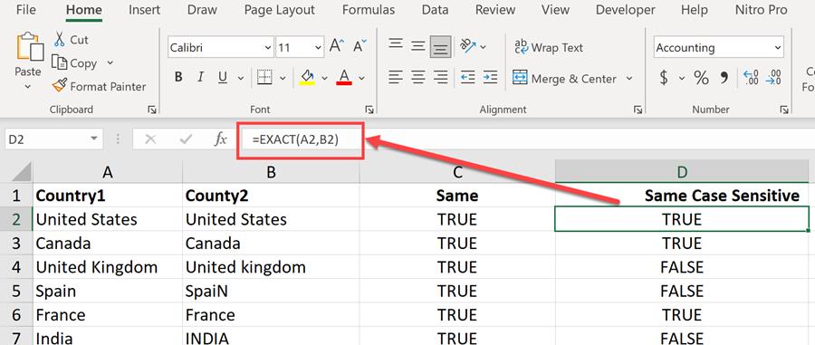 Excel compare text strings using EXACT function