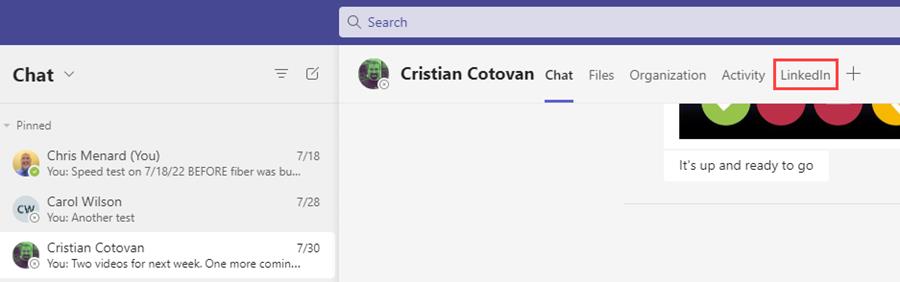 LinkedIn tab in Teams Chat