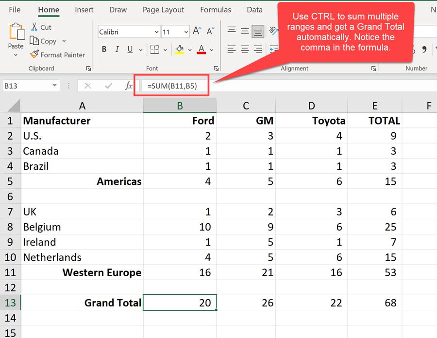 excel grandtotal of sums