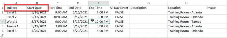 Example of Excel file with required fields for import into Google Calendar