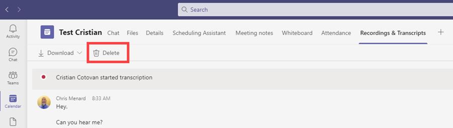 Delete a transcript in Teams meeting