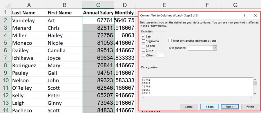 Text to Columns dialog box