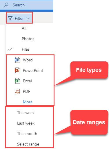 File view - Filter by file type and date ranges in Outlook on the web