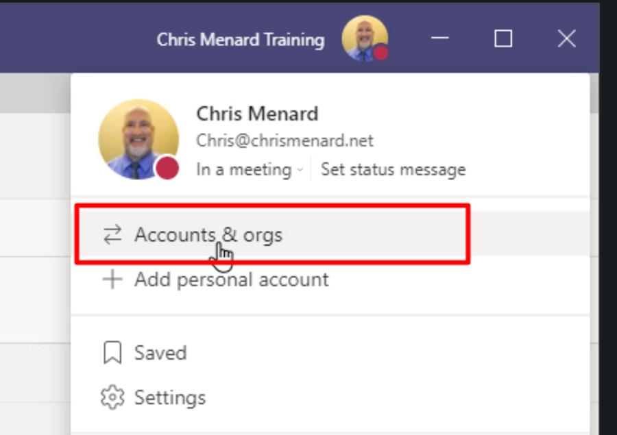Accounts and organizations in Teams has been moved under the profile menu