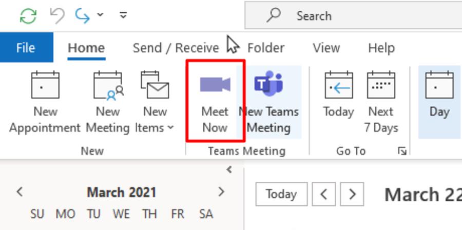 Outlook Calendar Meet Now button