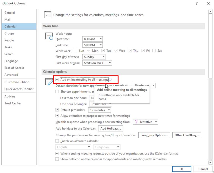 Outlook Calendar option to Add online meting to all meetings