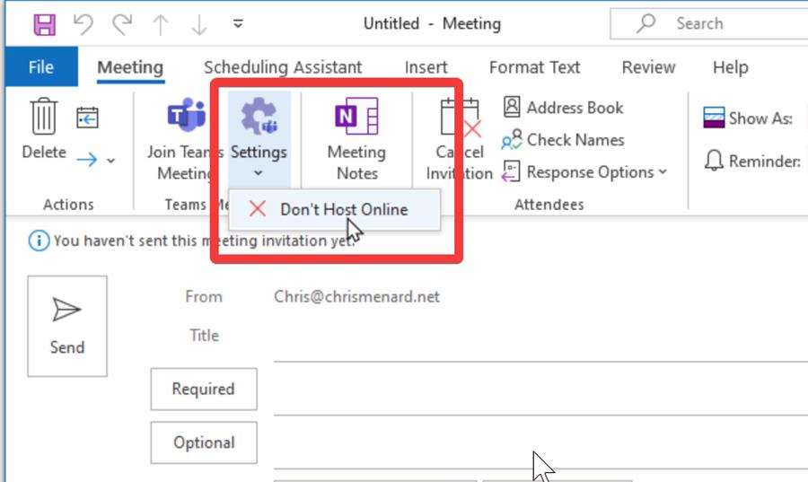 Outlook Calendar New Meeting Turn off Teams Meeting