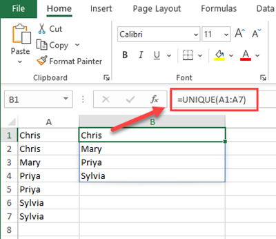 Unique Function in Excel with text