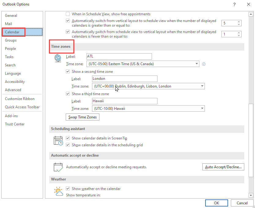 Add Time Zones in Outlook calendar