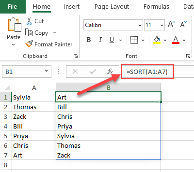 Sort function in Excel