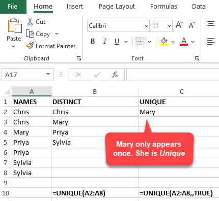 Unique vs. Distinct in Excel