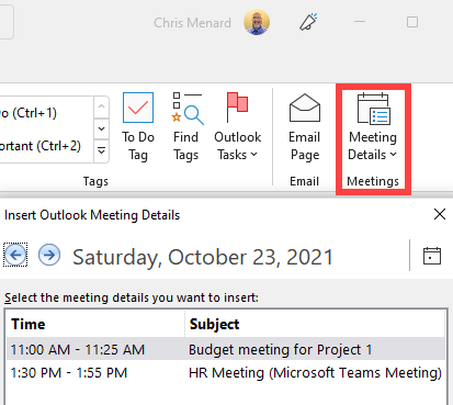 Insert Outlook meeting into OneNote