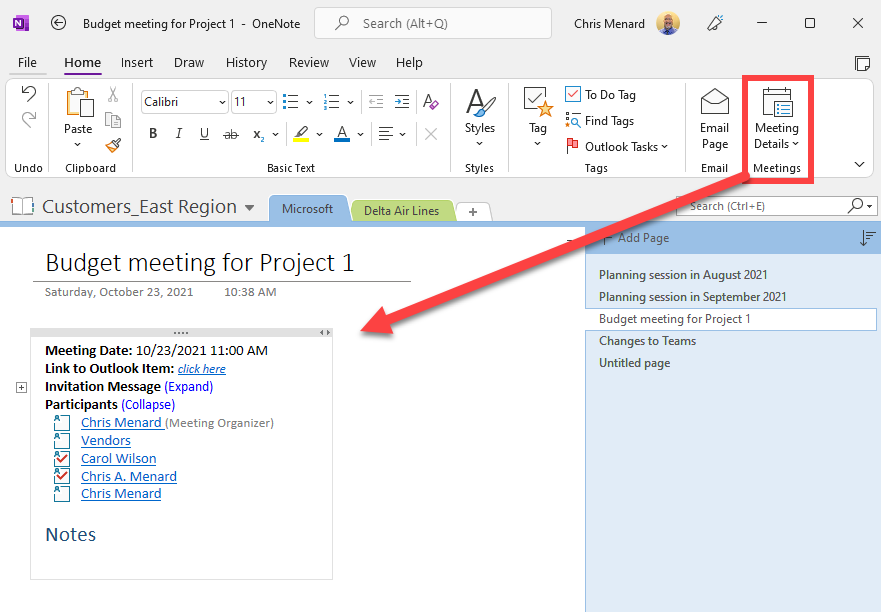 Meeting details inserted into OneNote
