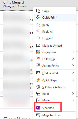 Send Outlook email to OneNote