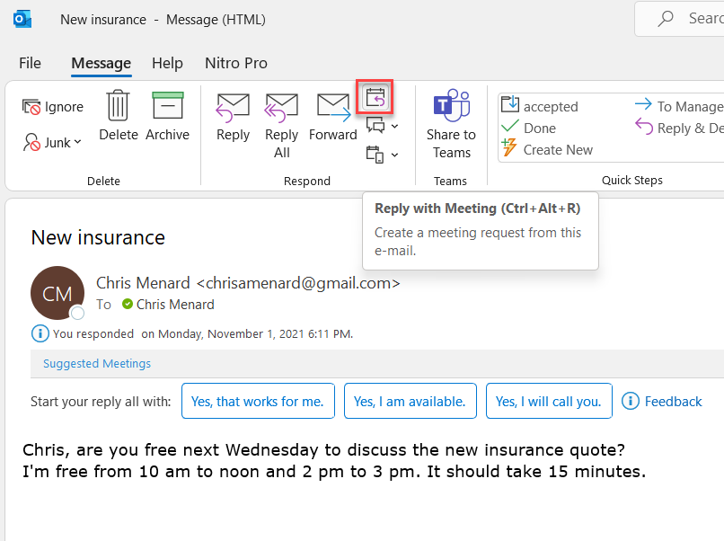 Reply with Meeting in Outlook