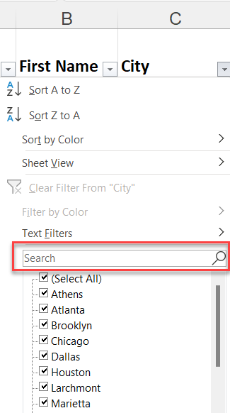 Search box in filters