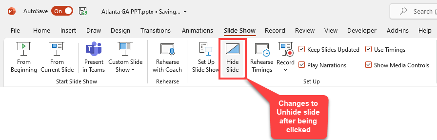 PowerPoint - Slide Show tab - Hide & Unhide Slide