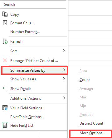 Summarize Values By - More Options