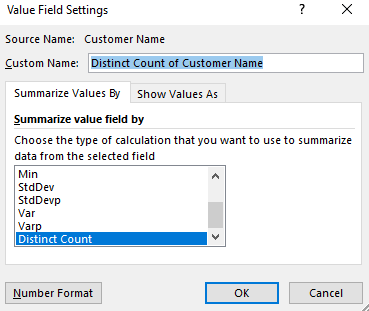 Distinct Count - Value Field Settings