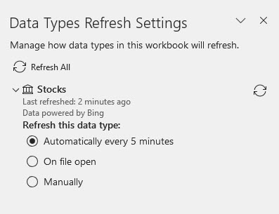 Excel Stock data type Refresh 5 minutes
