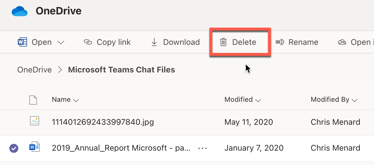 Delete files icon in Teams - OneDrive icon