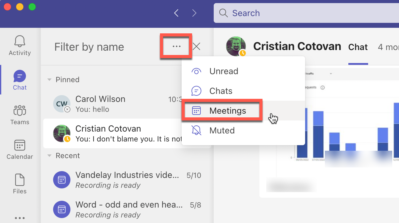 Filter and find meetings in chats in Teams