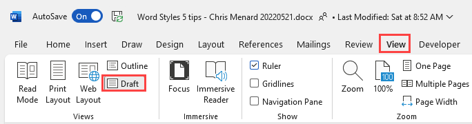 View Tab - Draft in Views Group - MS Word