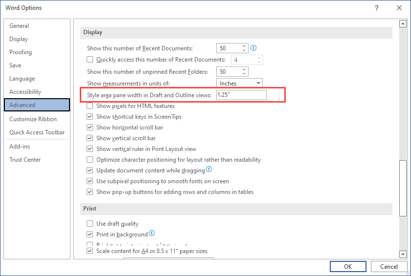 Style Areas Pane Width in Draft View