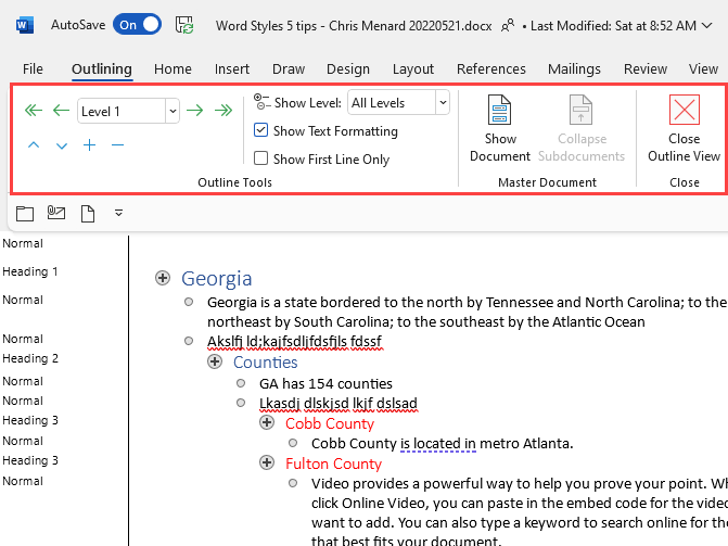 Outline View in MS Word