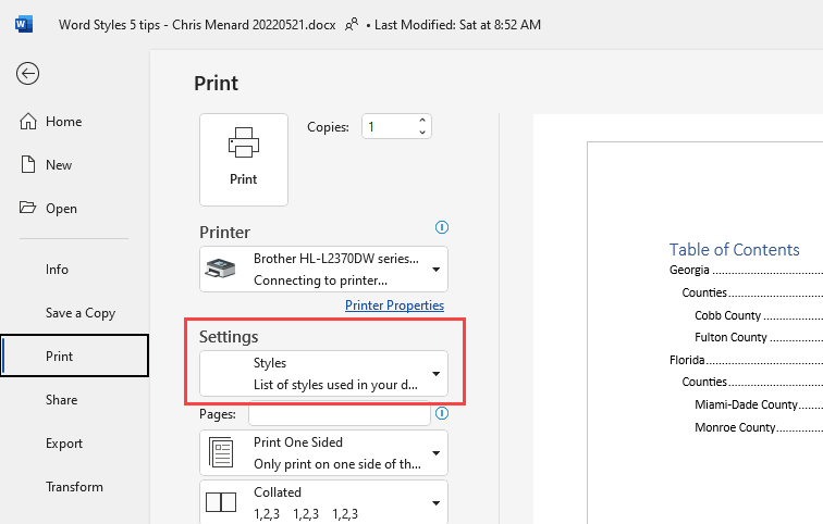 Print Styles in MS Word