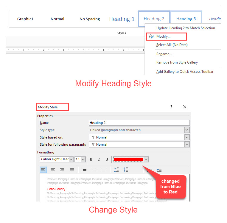 Word modify heading styles