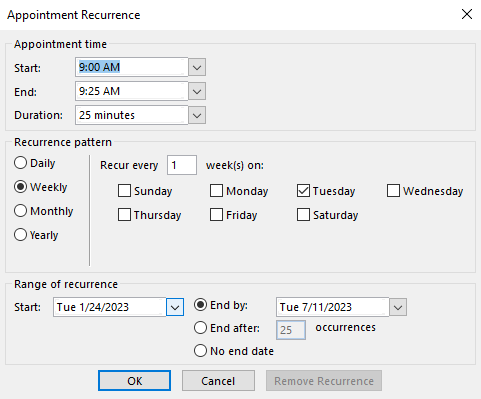 Recurring Appointments and Meetings in Outlook